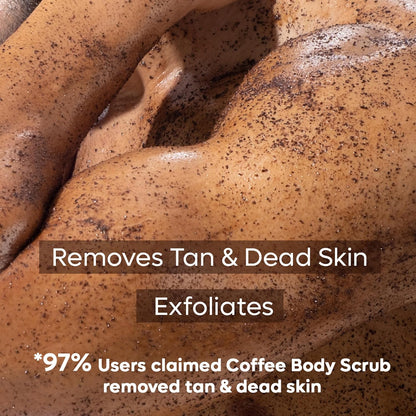 Close-up of a coffee body scrub with text claiming its benefits
