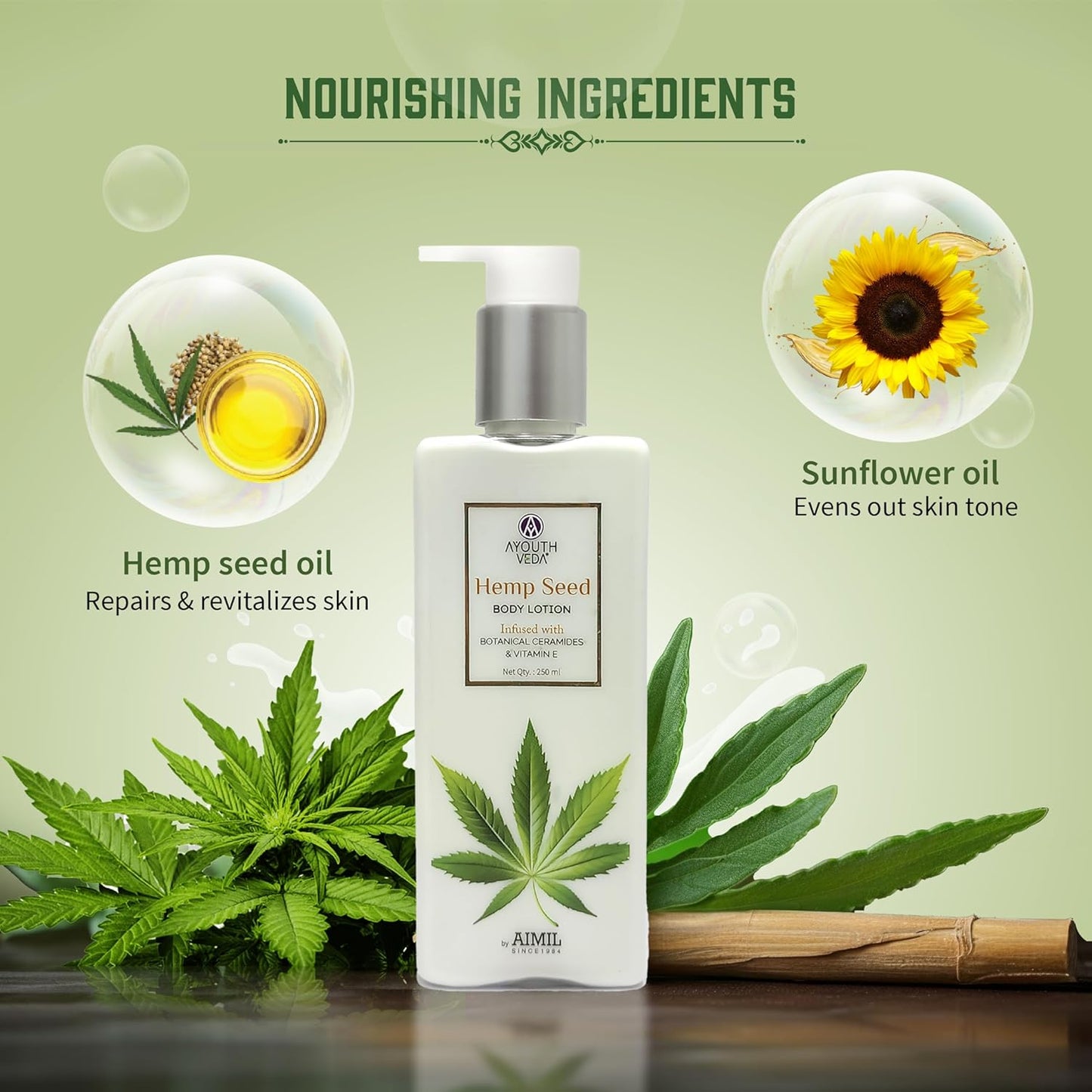AYOUTHVEDA Hemp Seed Body Lotion with Botanical Ceramides 250ml | Body lotion for Dry Skin with Vitamin E | Suitable for All Skin Types | Protects from Sun Damage.