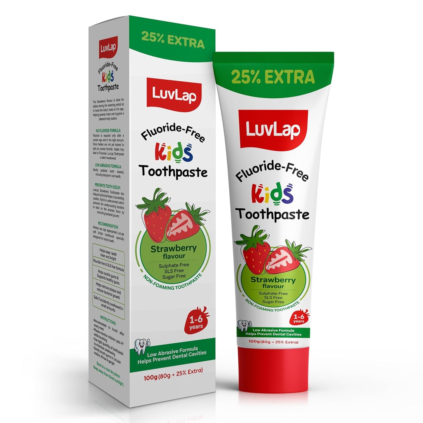 LuvLap Baby Toothpaste for Kids 80gm + 25% Extra, Strawberry Flavour, SLS & Fluoride Free Baby Toothpaste, Removes Plaque, Prevents Bacteria & Cavities, Ensures Healthy Teeth & Gums, 12M+(Pack of 1)