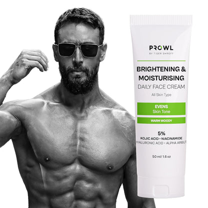 PROWL by Tiger Shroff Face Brightening Moisturizer Cream 5% Kojic Acid, Alpha Arbutin, Niacinamide & Hyaluronic Acid Daily Use Moisturiser For Dry Oily Combination All Skin Type, Warm Woody,50ml