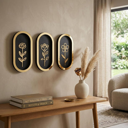 Pack of 3 Floral Wall Art with Black & Golden Wood Base Flower Cutouts Decor for Living Room Bedroom