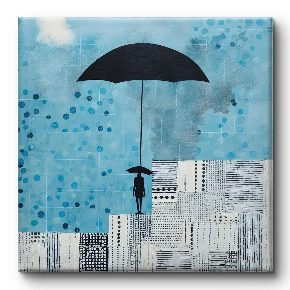 Modern Abstract Wall Art Canvas, Umbrella in Rain Design, Blue and Black, Contemporary Home Decor 16 Inch x 16 Inch CVS-38091