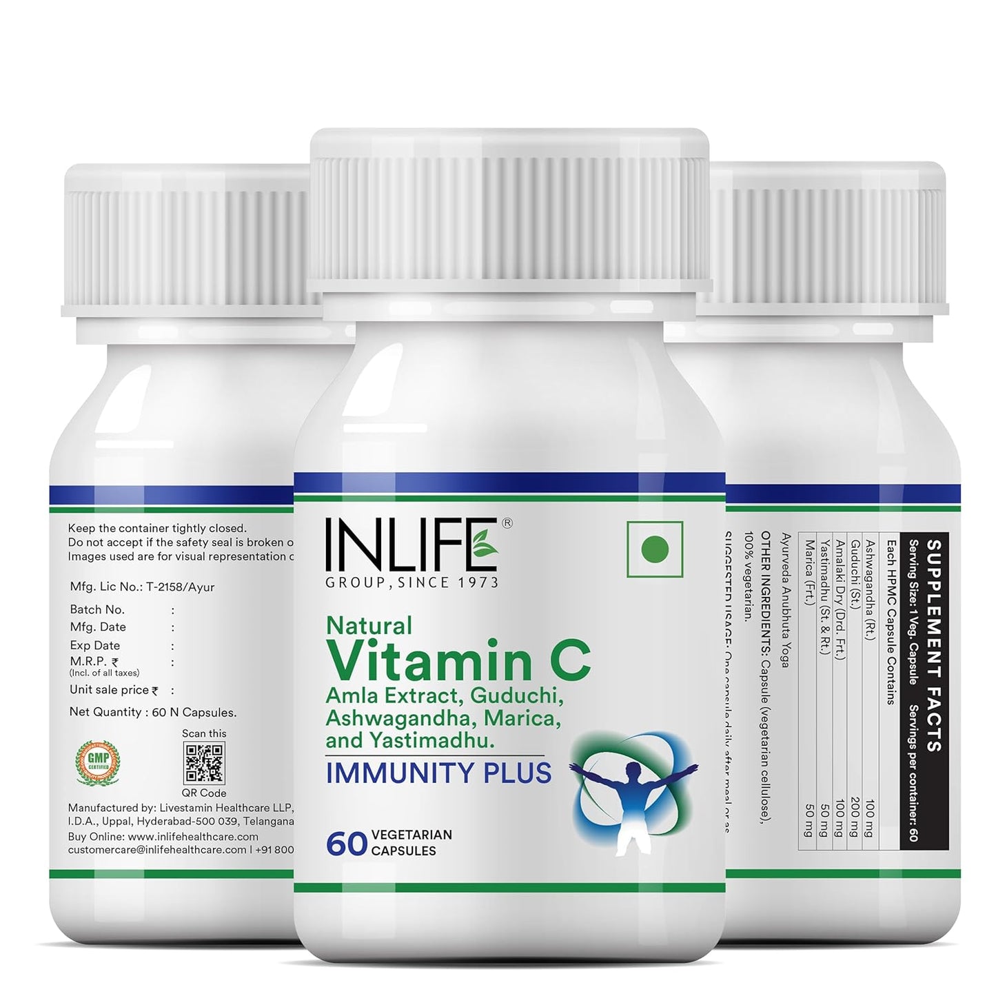 INLIFE Immunity Plus Supplement Natural Vitamin C (Amla) Guduchi Ashwagandha Marica Licorice Ayurvedic Herbal Formula - 60 Vegetarian Capsules