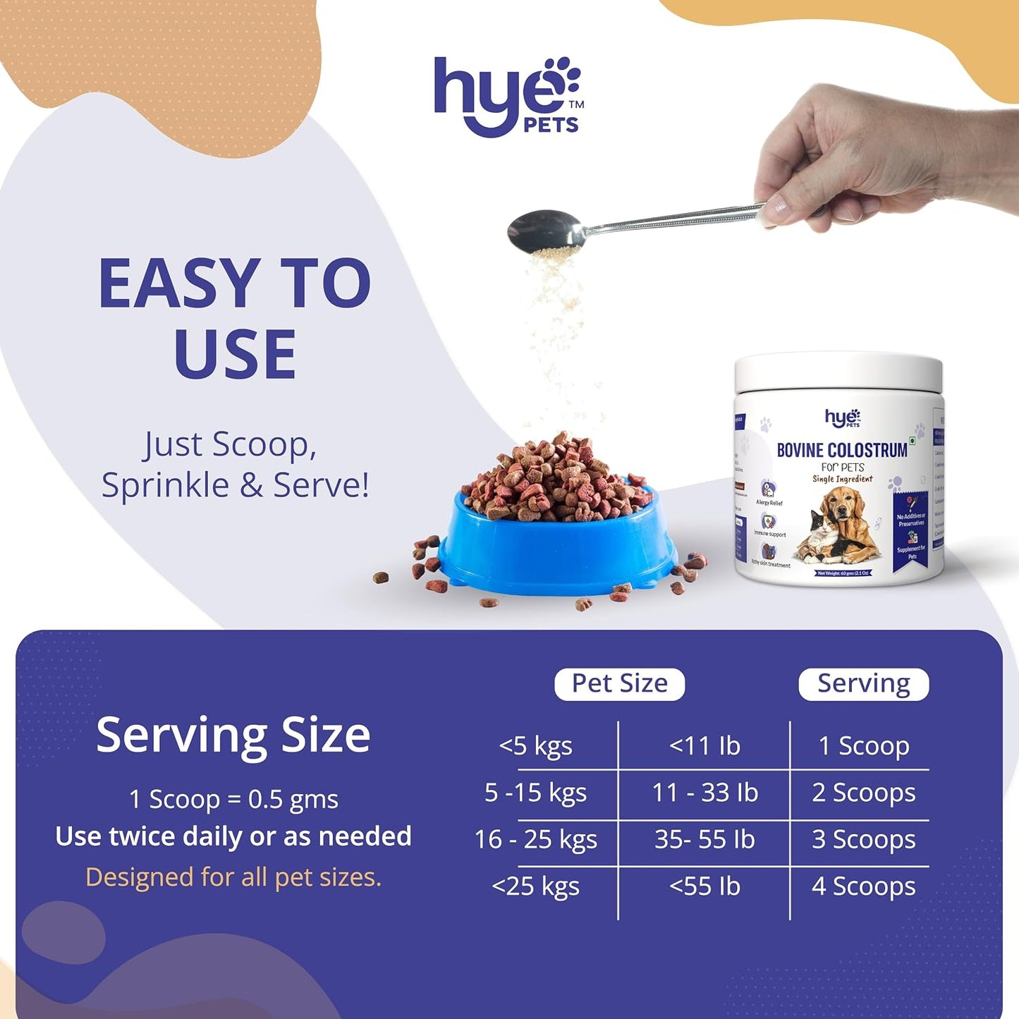 Hye Pets Bovine Colostrum Powder for Dogs & Cats | Allergy & Itchy Skin Relief Supplement | Immune Support with Natural Antibodies | Pure, Single Ingredient, No Preservatives | 60 Days Supply | 60g