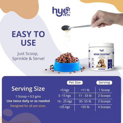 Hye Pets Bovine Colostrum Powder for Dogs & Cats | Allergy & Itchy Skin Relief Supplement | Immune Support with Natural Antibodies | Pure, Single Ingredient, No Preservatives | 60 Days Supply | 60g