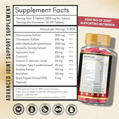 ANUPURAK Glucosamine Chondroitin MSM Tablets | 4500mg | 11 Actives Joint Support Supplement : Collagen Type II, Hyaluronic Acid & Boswellia | Knee Mobility, Cartilage & Joint Health | 90 Tablets (30 Days)