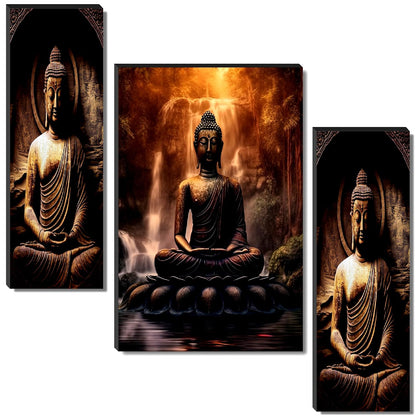 Tranquil Buddha & Waterfall Wall Art – 3-Panel UV-Printed Zen Triptych | Ready-to-Hang Meditation & Home Décor (20 Inch x 12 Inch) JM-35294