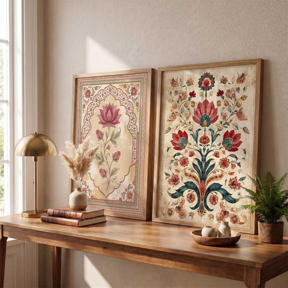 Wall Painting Indian Traditional Madhubani Home Decoration With Frame | For Living Room Bed Room Hotel Wall Decor | Digital Reprint Set of 2 (13X17 inch)