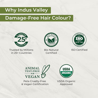 Indus Valley hair color product with certification logos on a white background