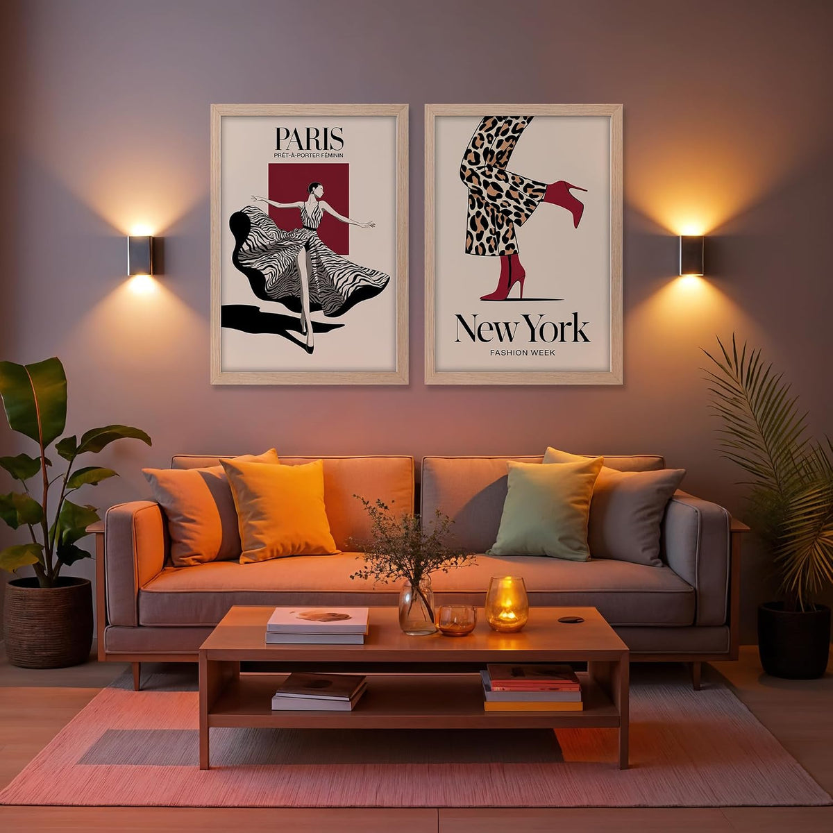 Modern Framed Illustration Wall Art Set of 2, Brown Synthetic Wood Frames, 10x13 Inch, 300 GSM Premium Poster Print for Living Room, Bedroom, Office & Cafe Decor