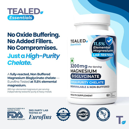 Tealed Magnesium Bisglycinate 3200mg | Non-Buffered | Chelated | Lab-Tested | Eurofins | 320mg Elemental Magnesium | No Fillers & Preservatives | Supports Muscle Relaxation & Sleep Quality | 60 Veg Caps