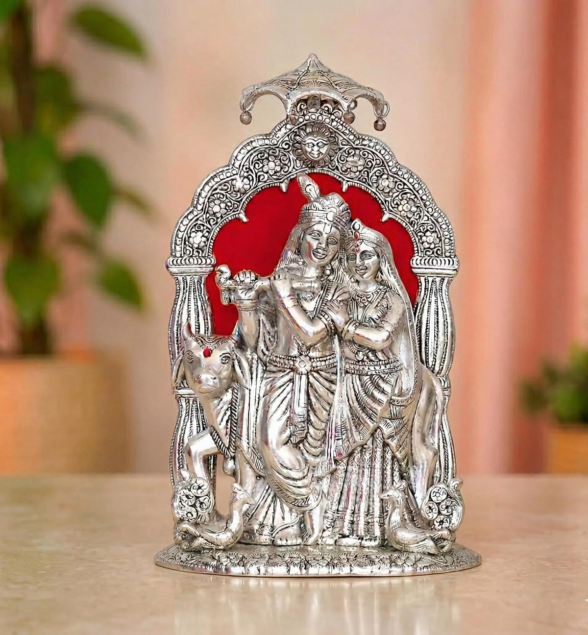 KridayKraft Metal Radha Krishna Idol with Cow Decorative Showpiece Statue for Puja Room Home Office Desk Gift Items Ornate Metal Sculpture of Hindu Deities (Silver, Height 33 CM)