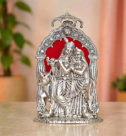 KridayKraft Metal Radha Krishna Idol with Cow Decorative Showpiece Statue for Puja Room Home Office Desk Gift Items Ornate Metal Sculpture of Hindu Deities (Silver, Height 33 CM)