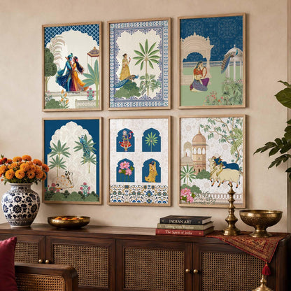 Framed Madhubani & Pichwai Wall Art | Indian Traditional Paintings for Living Room, Bedroom & Office Decor | Set of 6, 10x13 Inch