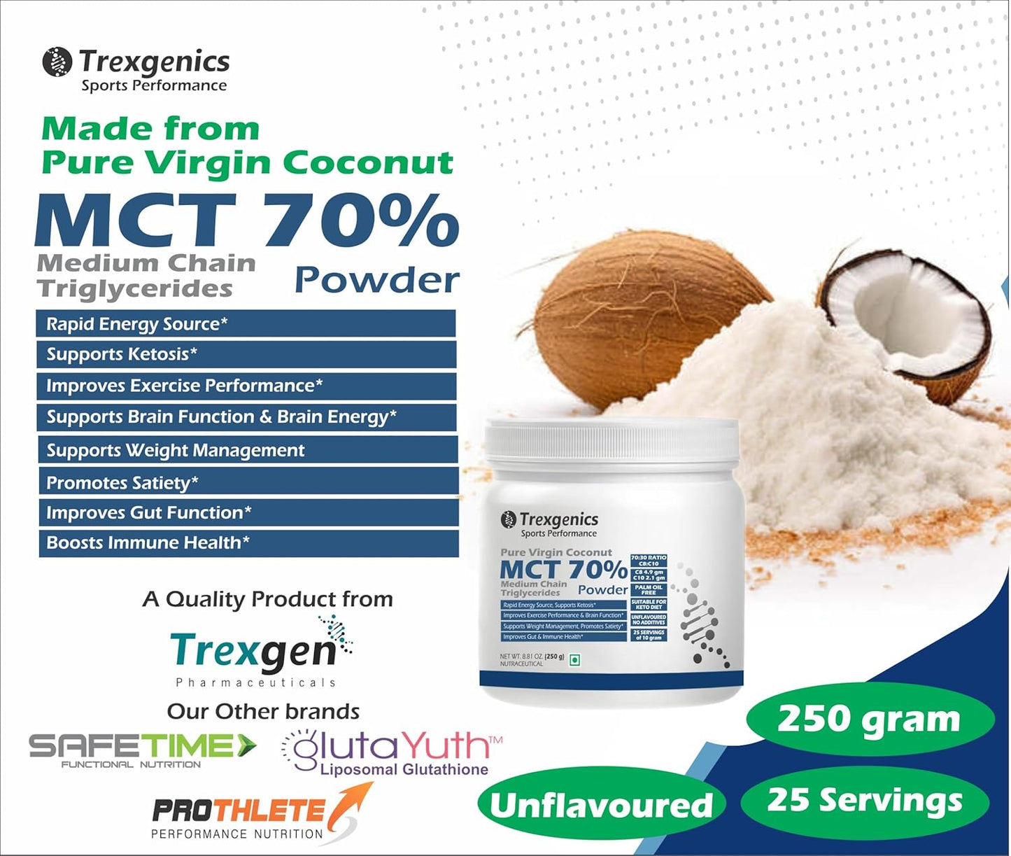 Trexegenics MCT 70% Powder packaging with coconut and powder on a white background