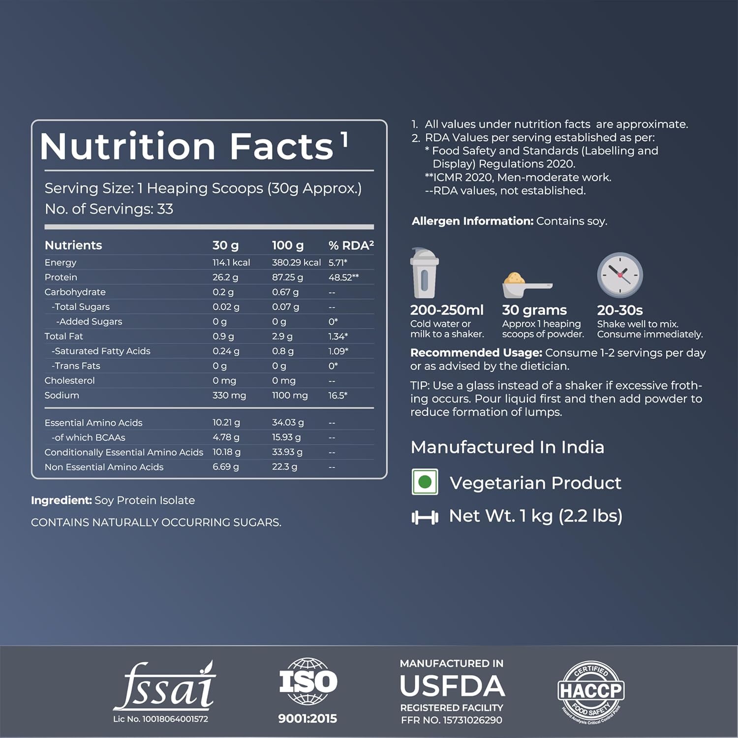 Nutrition facts label for a protein supplement with various certifications at the bottom.