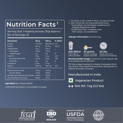 Nutrition facts label for a protein supplement with various certifications at the bottom.