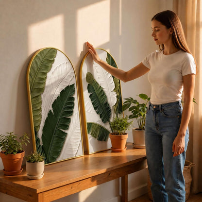 Set of 2 Tropical Leaf Wall Painting for Living Room, Green Botanical Modern Artwork, PVC Golden Frame, Arch Shape Wall Decor for Bedroom, Hall, Office & Gift (30 x 32 Inch) RPNL-02-115