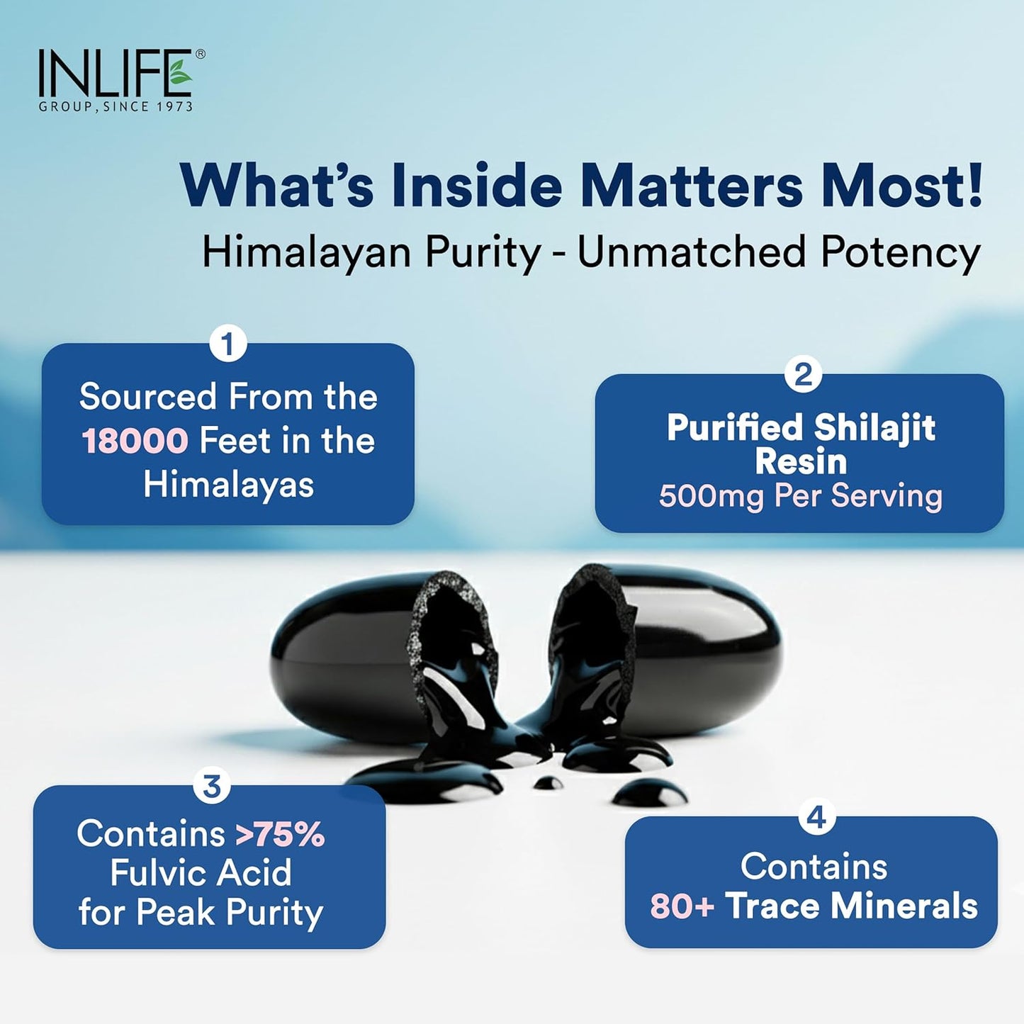 INLIFE Shilajit Resin Softgel Capsules 250mg for Men & Women | Himalayan Sourced 18000 ft | Contains >75% Fulvic Acid | Supports Energy, Stamina & Strength - 60 Softgels