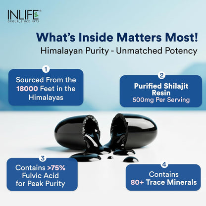 INLIFE Shilajit Resin Softgel Capsules 250mg for Men & Women | Himalayan Sourced 18000 ft | Contains >75% Fulvic Acid | Supports Energy, Stamina & Strength - 60 Softgels