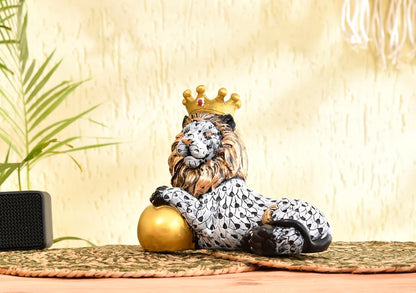 Royal Lion Figurine with Gold Crown | Handcrafted Artistic Decor | Elegant Home Accent with Golden Sphere |Black and White Scale Design