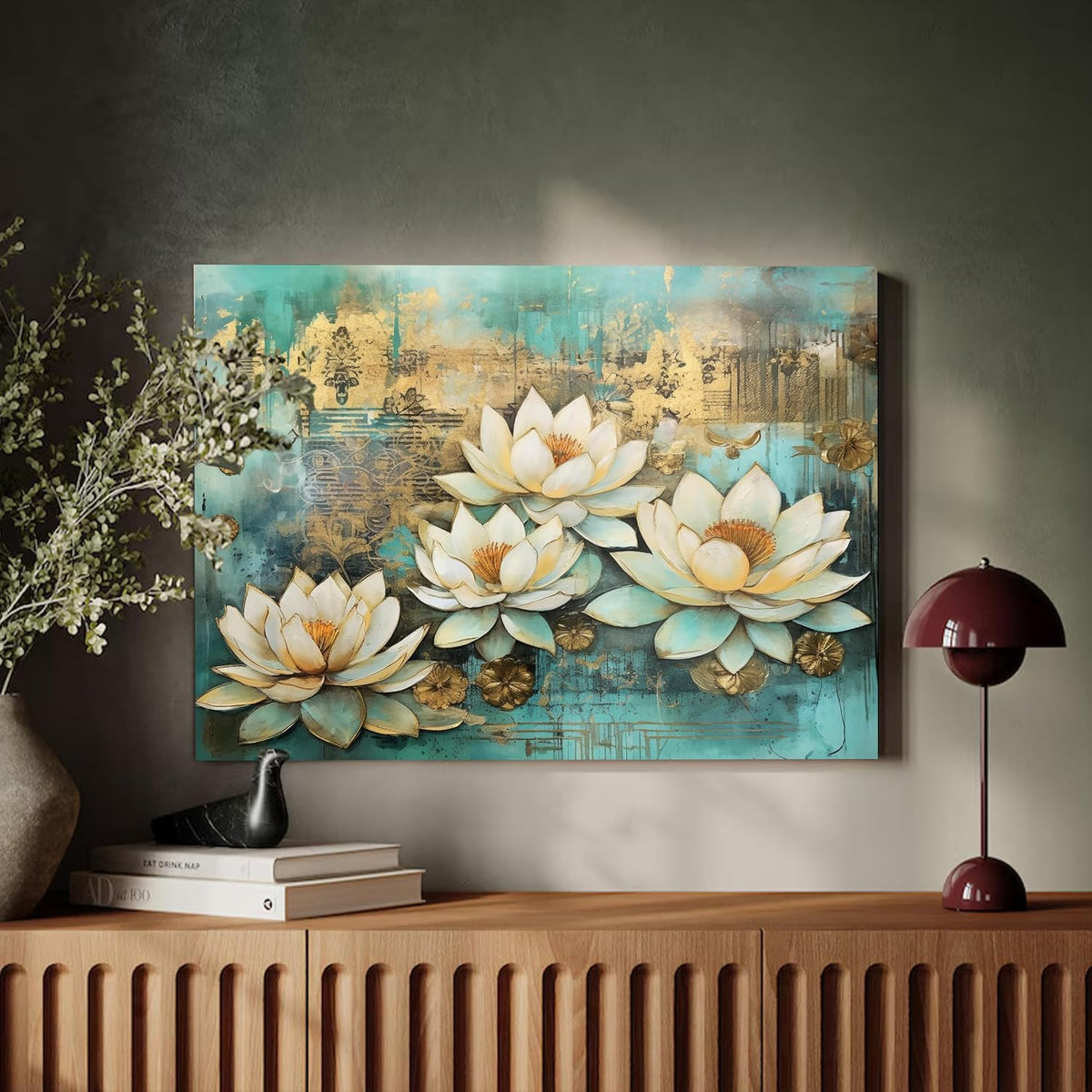 White Lotus Flower Canvas Wall Art Painting for wall decoration, Lotus floral Stretched Canvas Painting for living room, bedroom, Home and Office, 16x22 Inch