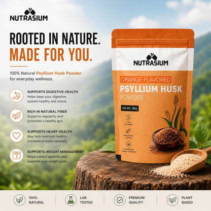 Nutrasium Psyllium Husk Powder | Isabgol Powder | Supports to Relieves Constipation | Rich Source Of Dietary Fiber Supplement For Digestion & Gut Health | 180 gram Orange Flavour