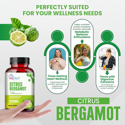 Citrus Bergamot 1200mg Supplement, 100 Veg Capsules, Antioxidant-Rich Complex for Heart Health and Immune Support