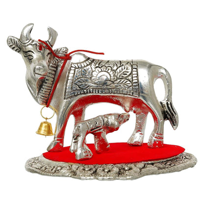Metal Silver Kamdhenu Cow and Calf Statue | Animal Figurine Decorative Showpiece| Cow with Calf Idol for Home Office Temple | Gift for Diwali Housewarming Birthday