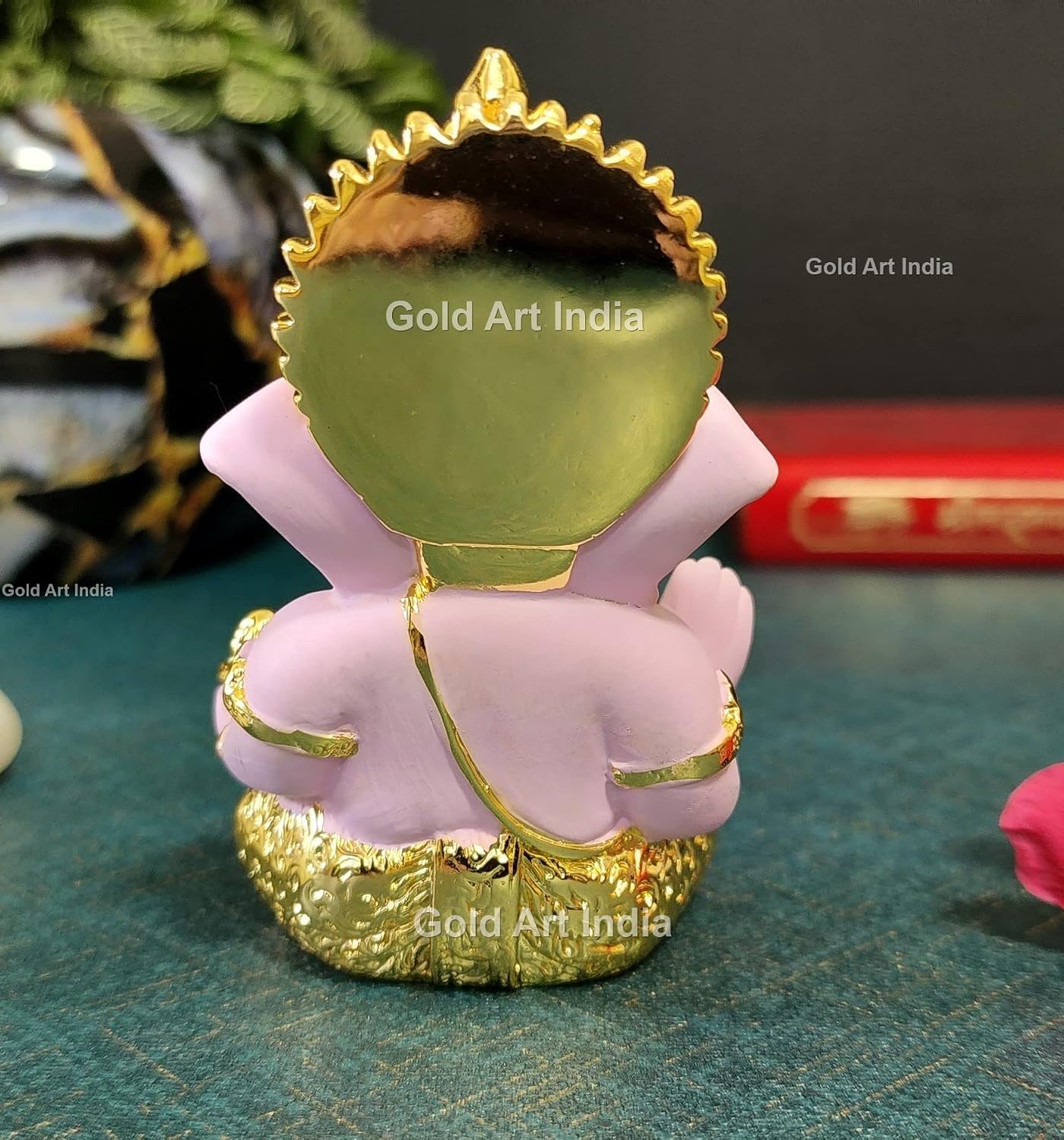 Gold Art India Gold Plated Ganesha with Terracotta Colour - Perfect for Car Dashboards, Office & Home Shelves, Diwali Puja, and Gifting (MukutGoldPink 3.5"), Idol