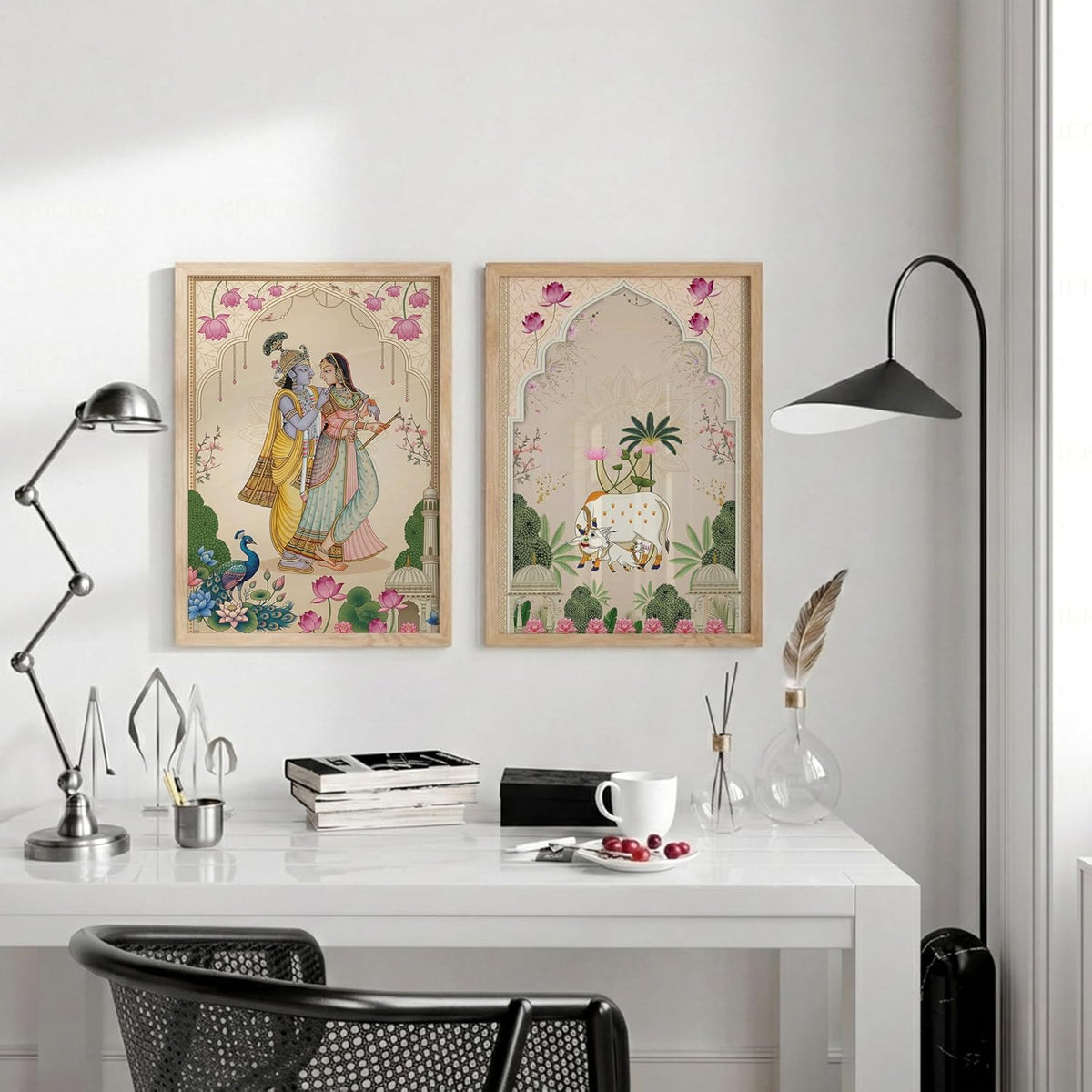 Pichwai Radha Krishna Kamdhenu Cow Wall Art Painting | Set of 2 Framed Paintings | Traditional Indian Decor for Living Room Pooja Room Home | (ART 3, 13x19 INCHES)