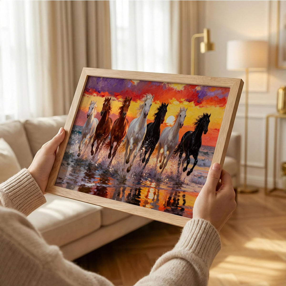 7 Horse Vastu Wall Painting for Living Room – Running Seven Horses Landscape Framed Wall Art | Premium Wooden Frame Home & Office Decor (Natural, Design 01, 13x19 Inch)