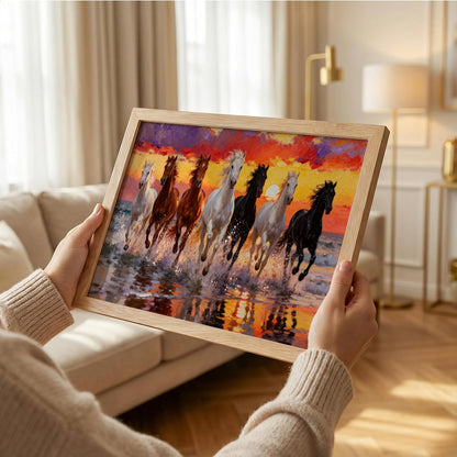 7 Horse Vastu Wall Painting for Living Room – Running Seven Horses Landscape Framed Wall Art | Premium Wooden Frame Home & Office Decor (Natural, Design 01, 13x19 Inch)