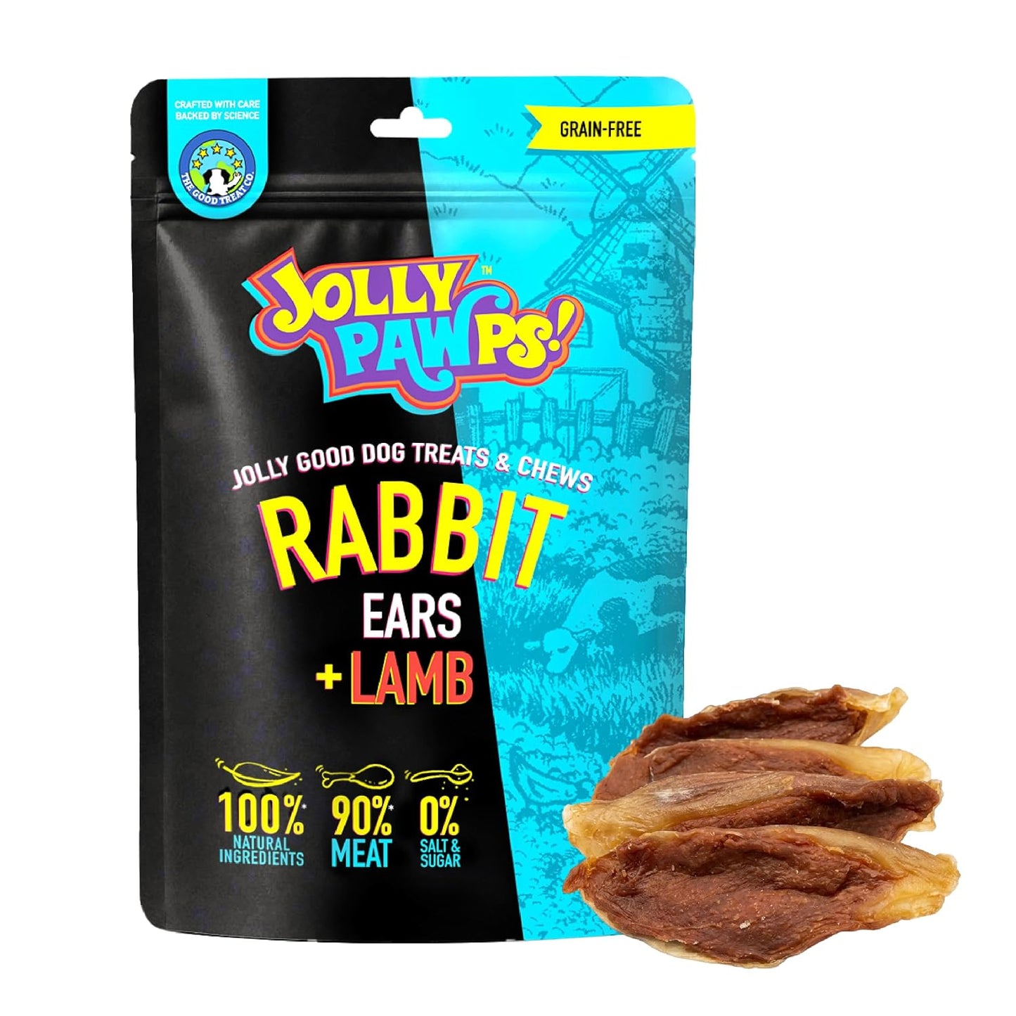 Jolly Pawps Rabbit Ears + Lamb Dog Treat – 90% Prime Cut Meat, Lab Tested, Grain Free, 0% Salt or Sugar, Dog Chews for Adult Dogs & Puppies 85g