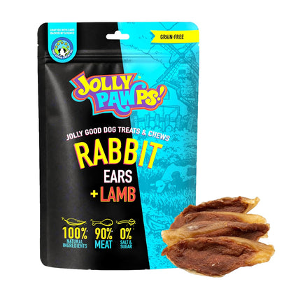 Jolly Pawps Rabbit Ears + Lamb Dog Treat – 90% Prime Cut Meat, Lab Tested, Grain Free, 0% Salt or Sugar, Dog Chews for Adult Dogs & Puppies 85g