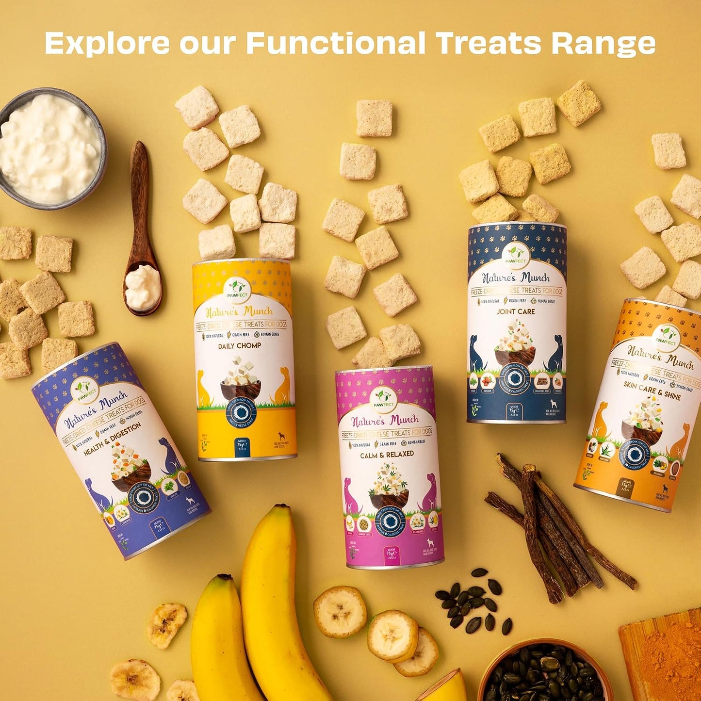 Pawfect Nature's Munch Freeze-Dried Cheese Functional Treats for Dogs- Daily Chomp - 100% Natural- High Protein, Low Fat- 8 Calories per Treat- Grain-Free- Healthy Training Treat(75g/2.65oz)