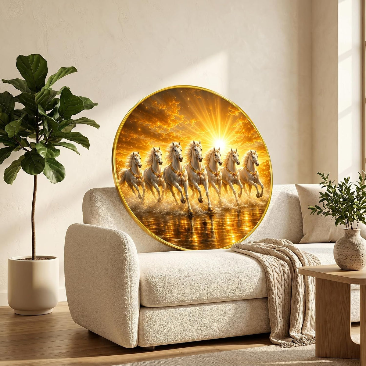 7 Horse Vastu Round Wall Painting with Premium PVC Golden Frame, Golden White Running Horses Sunrise Water Art for Living Room Office Home Decor Gift (20 x 20 Inch) GRL-448