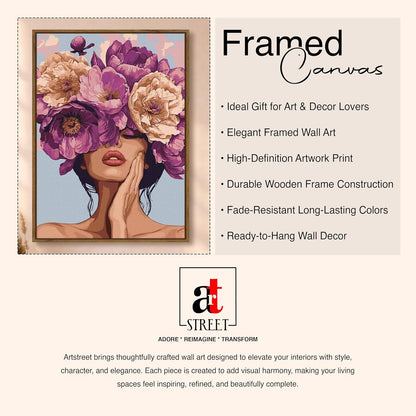 Floral Woman Portrait Framed Canvas Painting For Living Room | Aesthetic Flower Face Wall Art For Livingroom Wall Decor, Home Decor, Bedroom, Hallway's, Office, Hotel - 43x58 cm