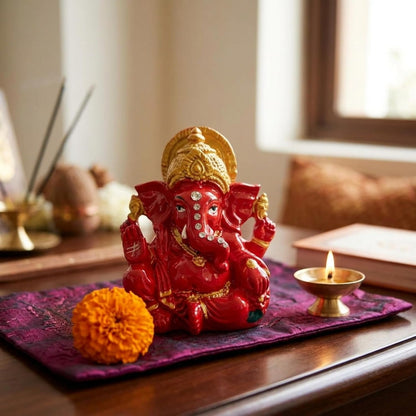 eCraftIndia Red Golden Blessing Ganesha Statue | Lord Ganesha Idol for Home Decor Car Dashboard | Ganesh Ganpati Murti Gift for Diwali Housewarming Birthday