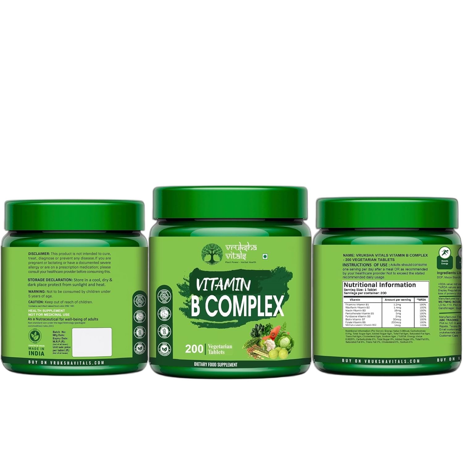 Three green jars of Vitamin B Complex supplement on a white background