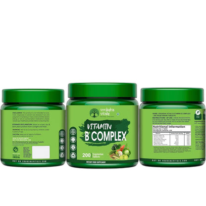Three green jars of Vitamin B Complex supplement on a white background