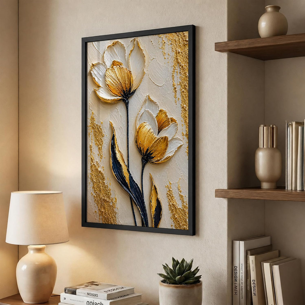 White Gold Flowers Framed Wall Art, Black, 10x13 Inches