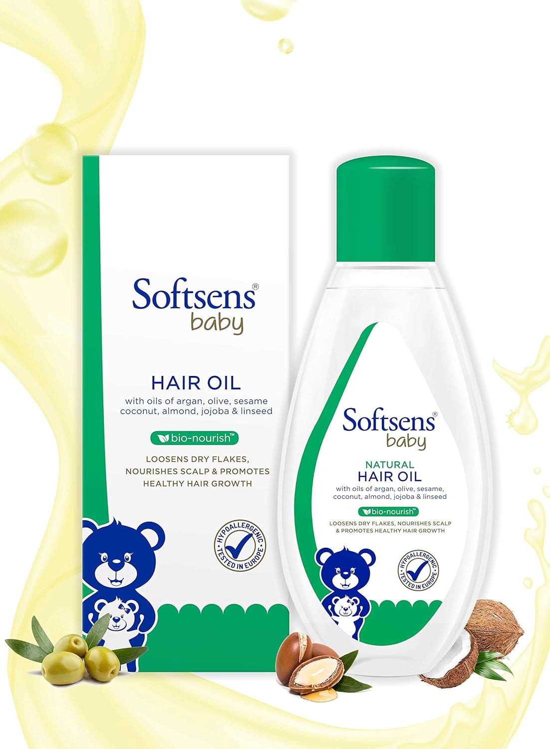 Softsens Baby Natural Hair Oil 100ml | Nourishing Hair & Scalp Oil with Coconut, Almond, Argan & Sesame Oils | Dermatologically Tested & Hypoallergenic, Free from Parabens
