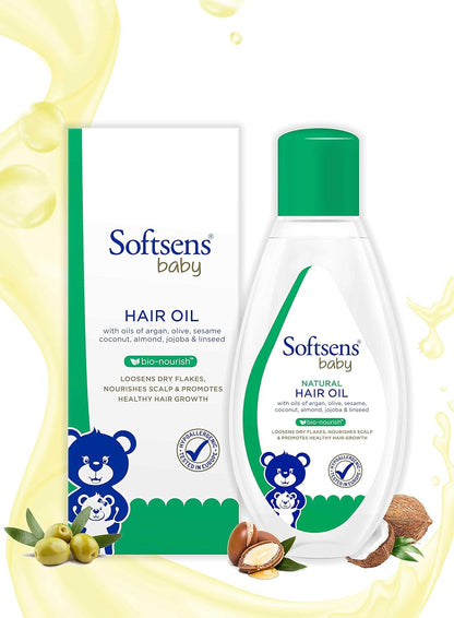 Softsens Baby Natural Hair Oil 100ml | Nourishing Hair & Scalp Oil with Coconut, Almond, Argan & Sesame Oils | Dermatologically Tested & Hypoallergenic, Free from Parabens