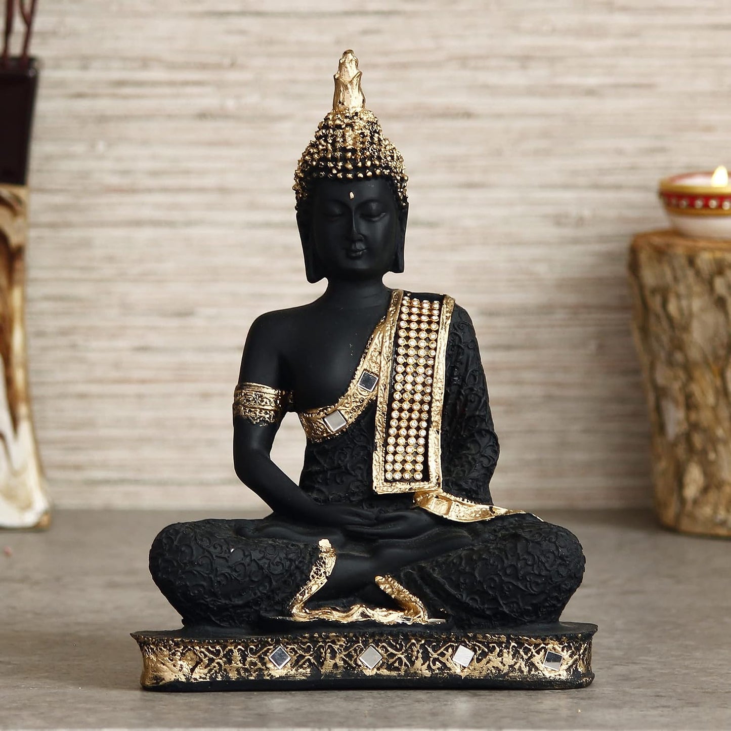 eCraftIndia Golden Black Resin Handcrafted Meditating Lord Buddha Idol for Home Decor | Gautam Buddha Statue for Living Room Office Meditation Yoga Spaces| Gift for Diwali Buddha Purnima Housewarming