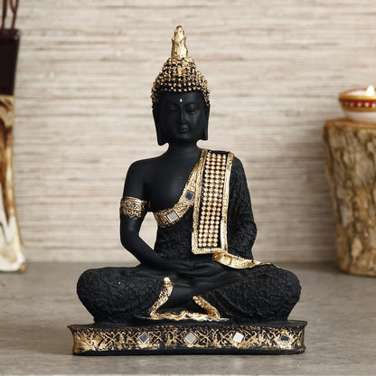 eCraftIndia Golden Black Resin Handcrafted Meditating Lord Buddha Idol for Home Decor | Gautam Buddha Statue for Living Room Office Meditation Yoga Spaces| Gift for Diwali Buddha Purnima Housewarming