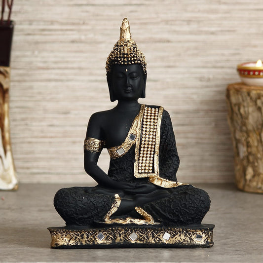 eCraftIndia Golden Black Resin Handcrafted Meditating Lord Buddha Idol for Home Decor | Gautam Buddha Statue for Living Room Office Meditation Yoga Spaces| Gift for Diwali Buddha Purnima Housewarming