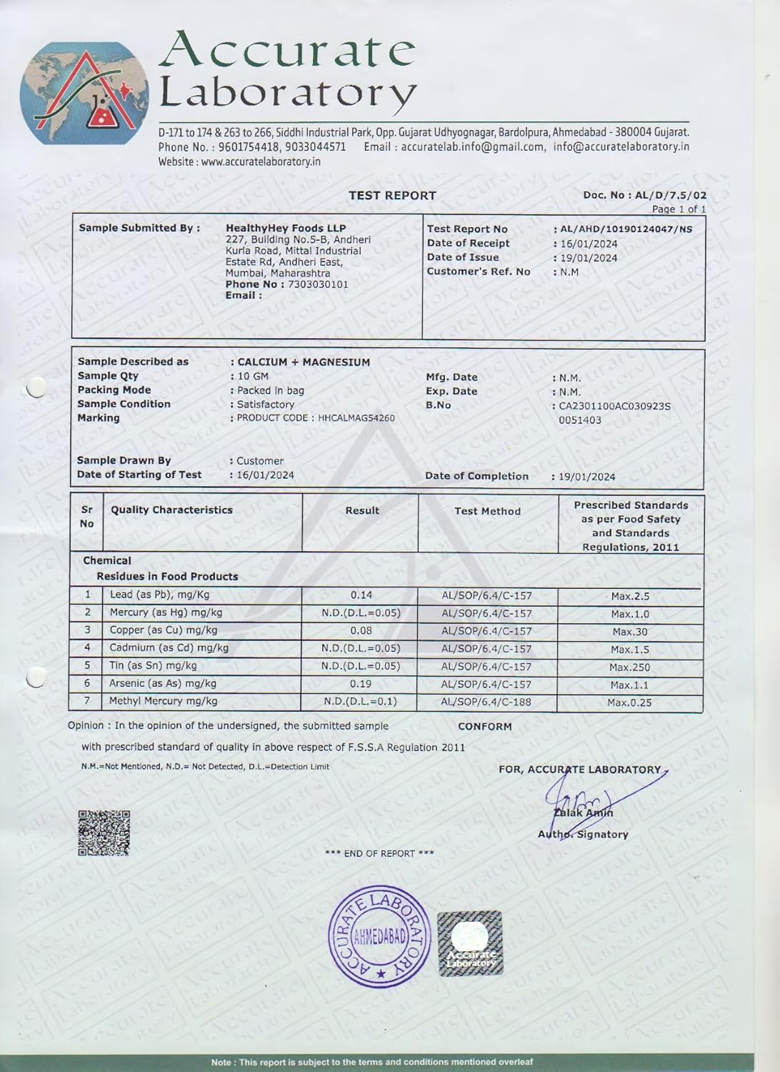 Test report from Accurate Laboratory with various details and certifications.