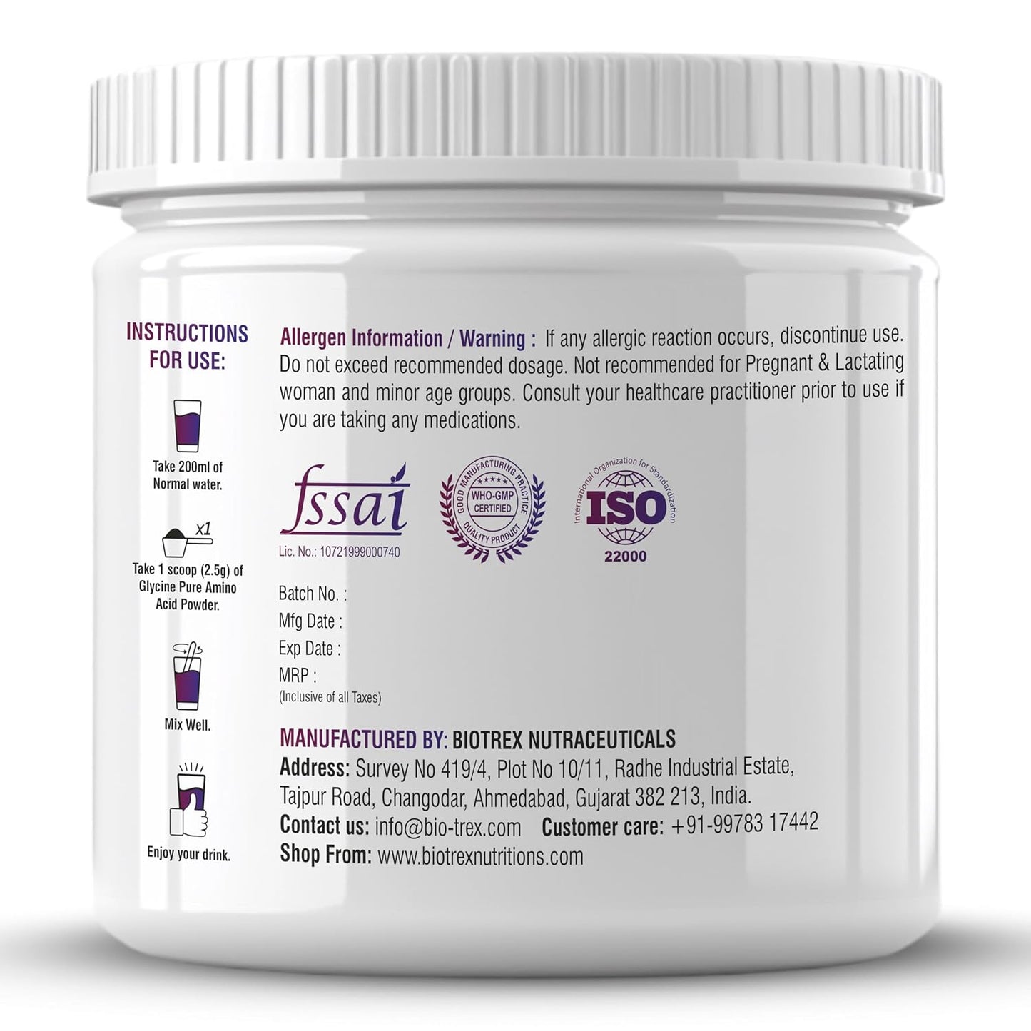 Biotrex Nutraceuticals Glycine Pure Amino Acid Powder | Muscle Recovery & Relaxation | Neurotransmitter Support & Restful Sleep | Enhances Energy & Strength | Unflavoured, Gluten Free - 250 gram (100 Servings)