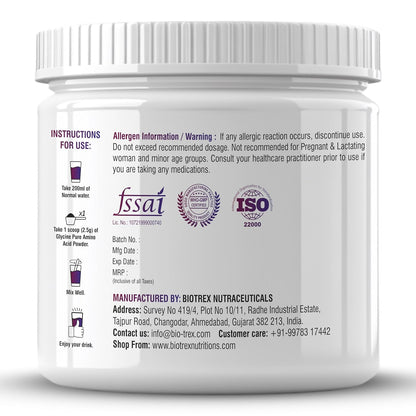 Biotrex Nutraceuticals Glycine Pure Amino Acid Powder | Muscle Recovery & Relaxation | Neurotransmitter Support & Restful Sleep | Enhances Energy & Strength | Unflavoured, Gluten Free - 250 gram (100 Servings)